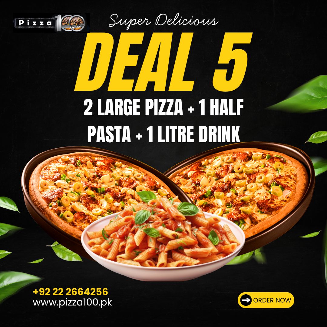 Deal 5 – 2 Large Pizzas, 1 Half Pasta & 1 Litre Drink