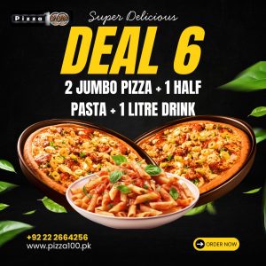 Deal 6 – 2 Jumbo Pizzas, Half Pasta & 1 Litre Drink